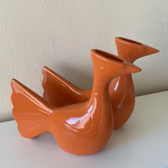 Set Of 2 Global Views Orange Mod Art Deco Bird Vases - Picture 7 of 11
